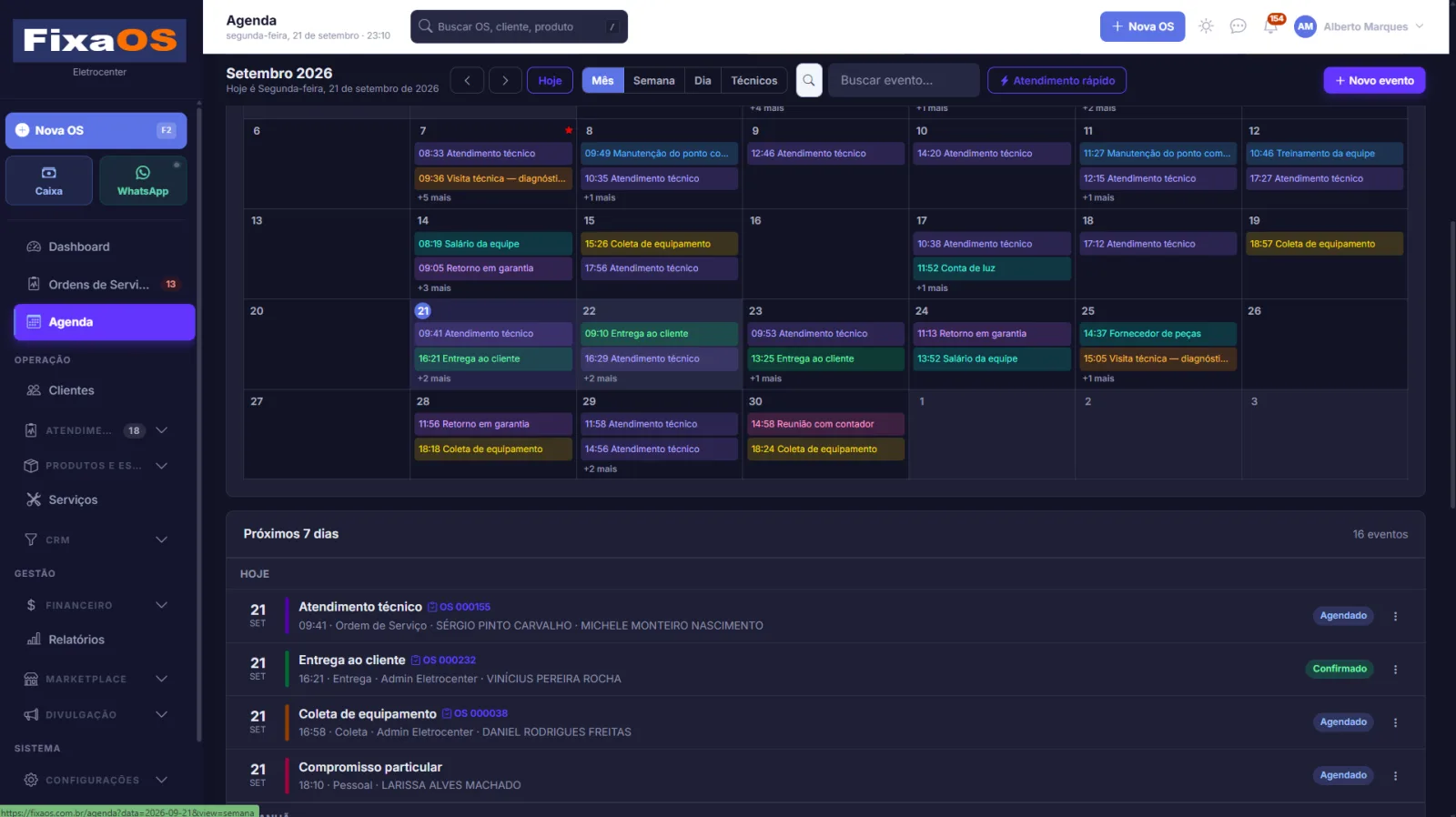 Calendário da Agenda mostrando eventos financeiros do FixaOS